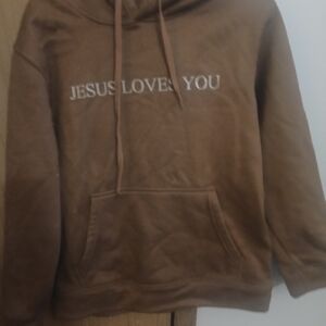 Brown Hoodie with 'Jesus Loves You' Text